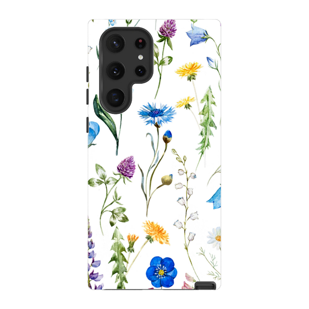 Samsung Tough Case featuring a vibrant watercolor wildflower pattern on a white background with a dual-layer design.