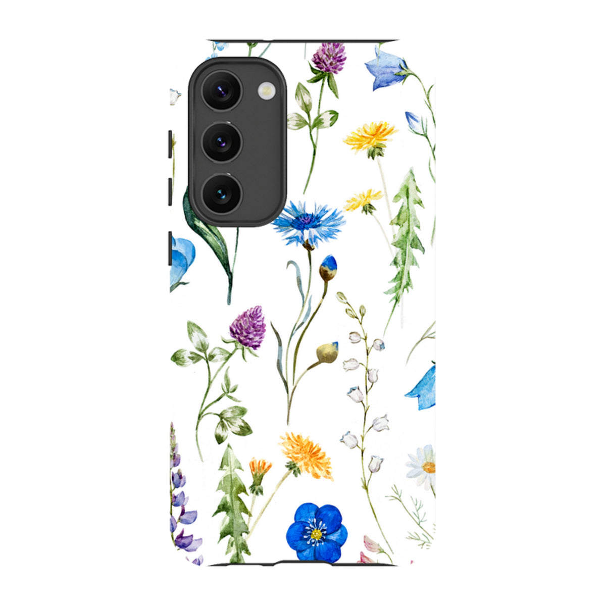 Samsung Tough Case with a white background featuring a colorful watercolor wildflower pattern and dual-layer protection.