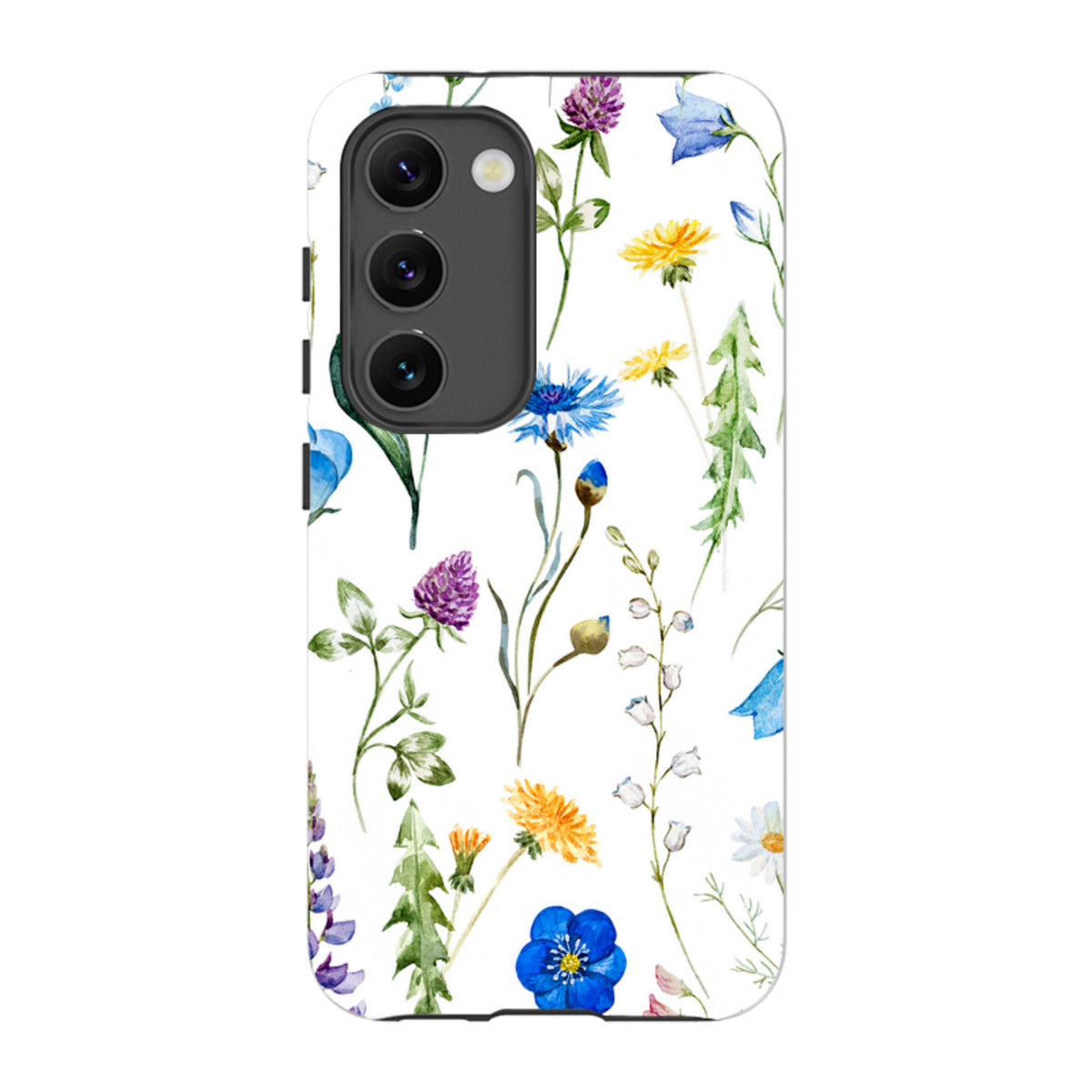 Samsung Tough Case featuring a vibrant watercolor wildflower pattern on a white background with a black camera cutout.
