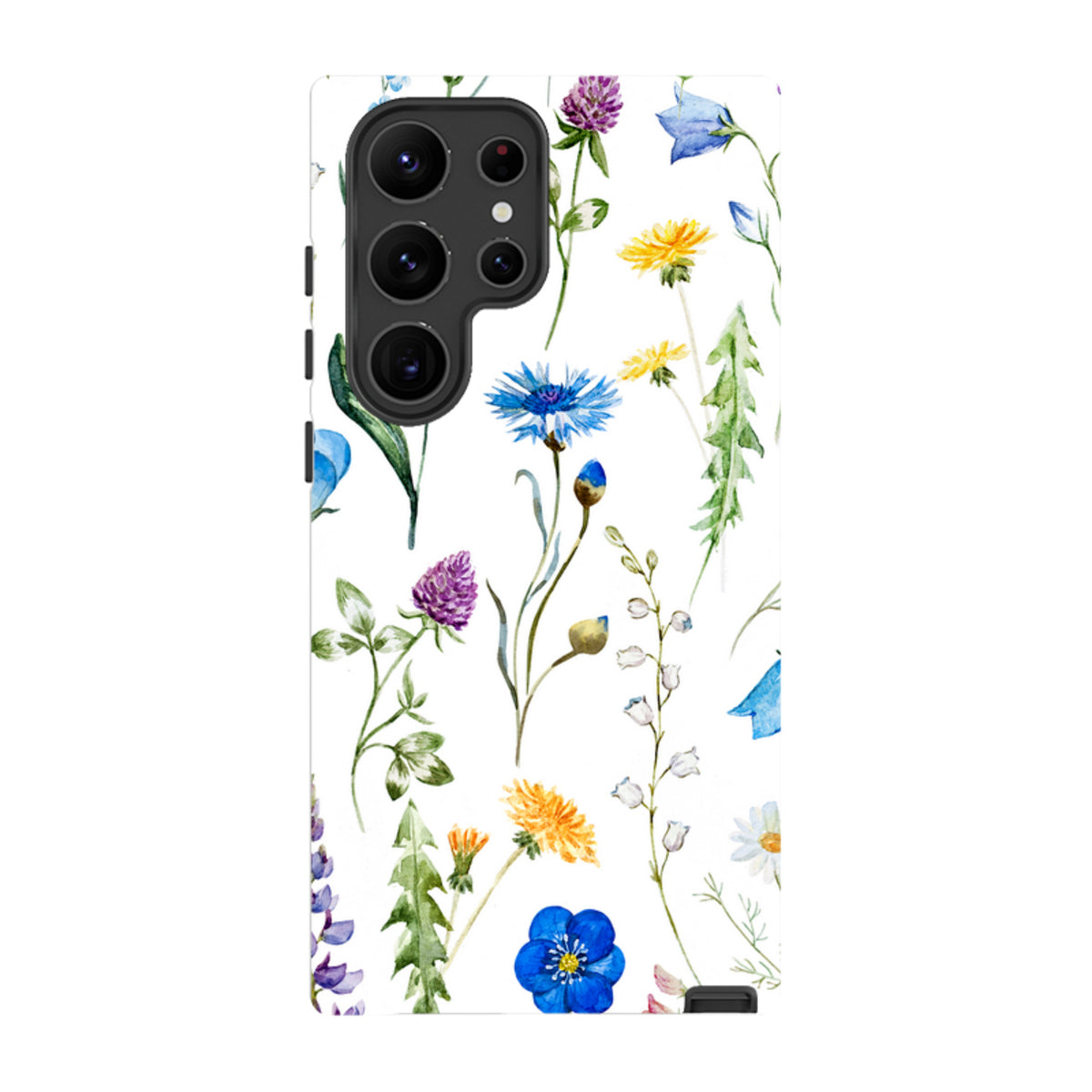 Samsung Galaxy tough case featuring a colorful watercolor wildflower print on a white background with dual-layer protection.