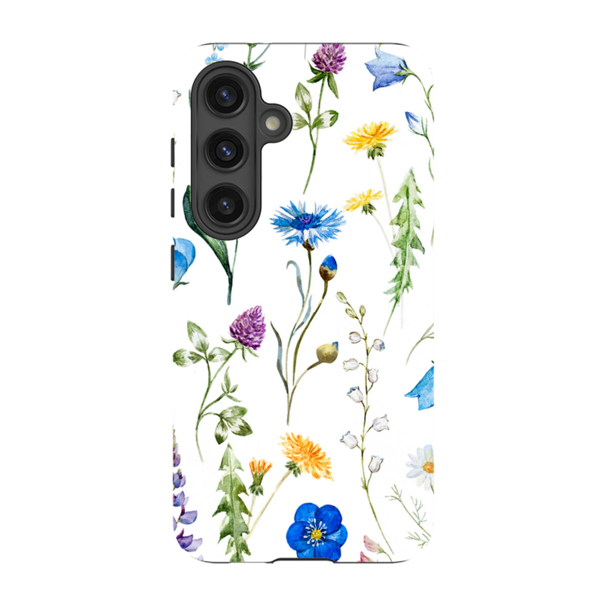 Samsung Tough Case with a white background featuring a colorful watercolor wildflower print and black camera cutout.
