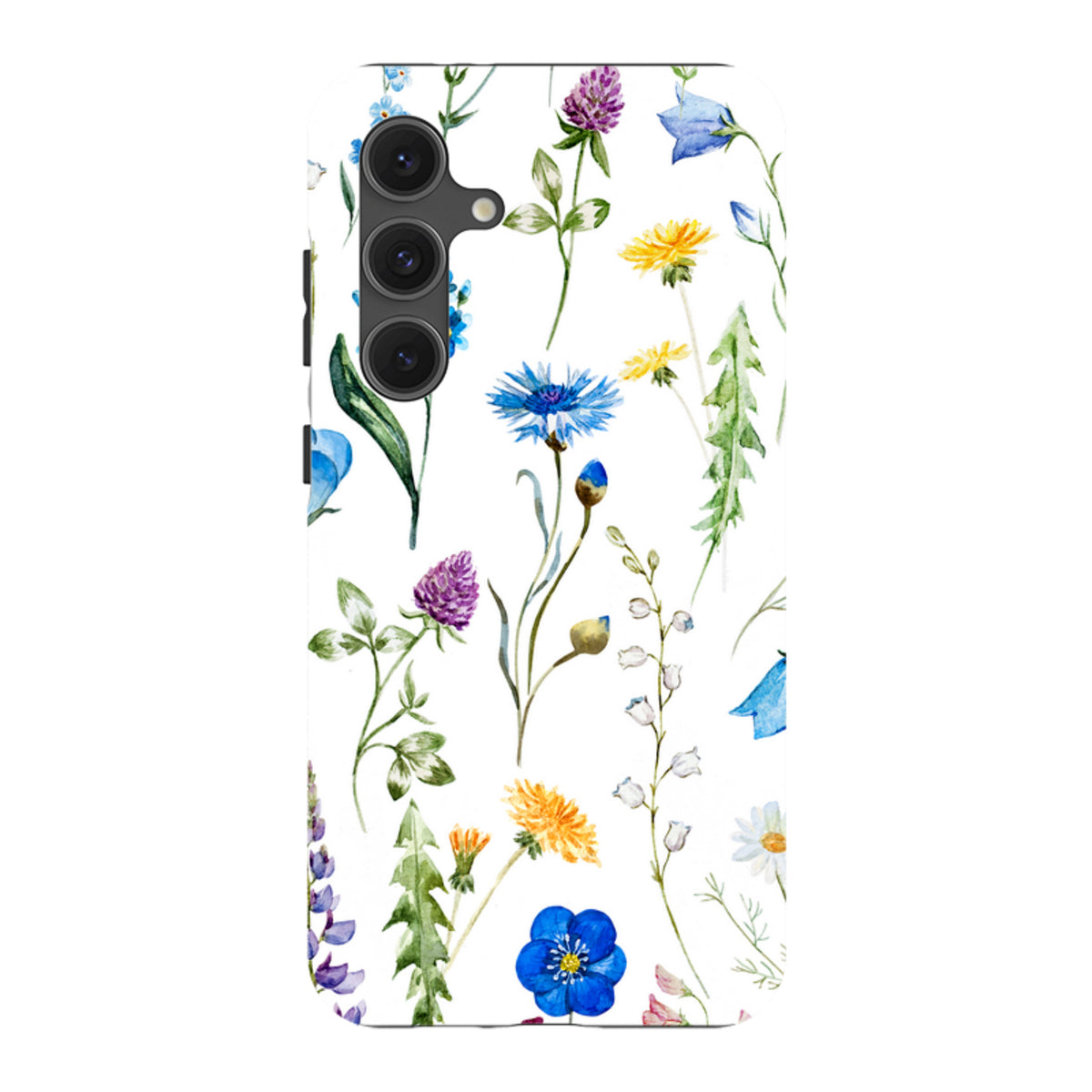 Samsung Tough Case featuring a vibrant watercolor wildflower pattern on a white background with a triple-lens camera cutout.