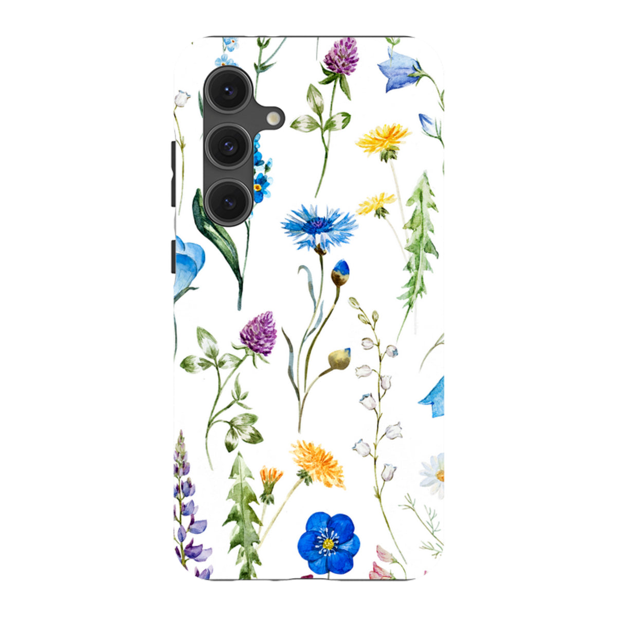 Samsung Tough Case with a vibrant watercolor wildflower print on a white background, featuring a dual-layer protective design.
