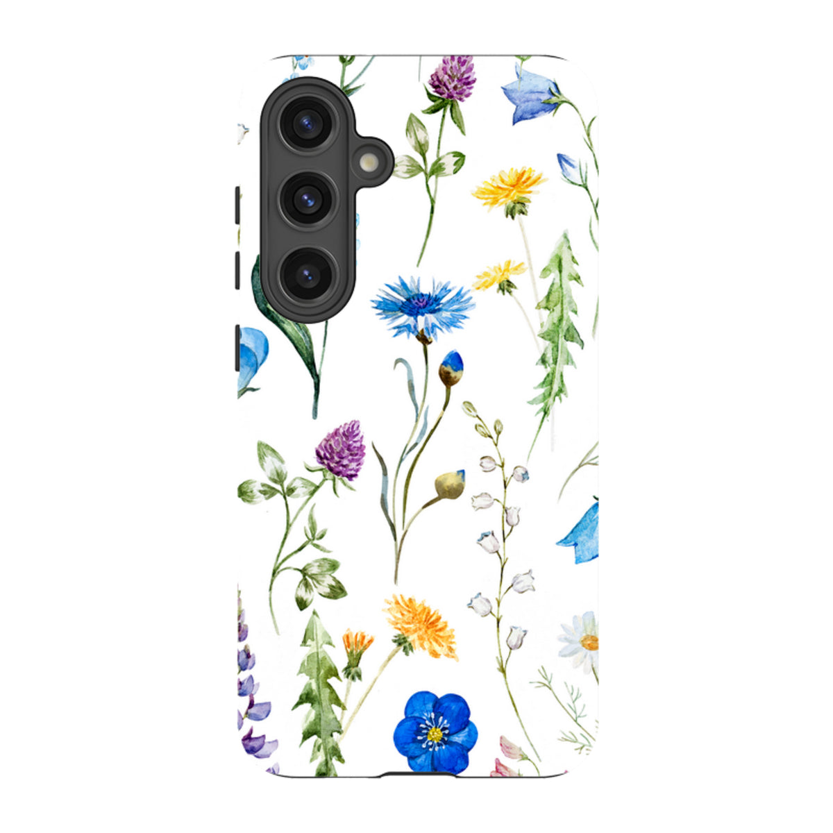 Samsung Tough Case featuring a white background with colorful watercolor wildflowers and a durable dual-layer design.