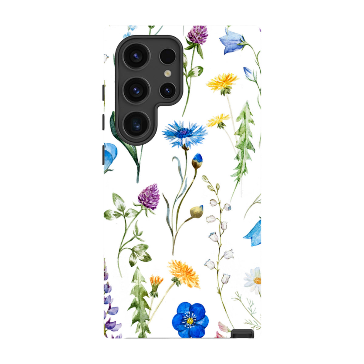 Samsung Tough Case featuring a watercolor wildflower print with blue, yellow, and purple flowers on a white background.