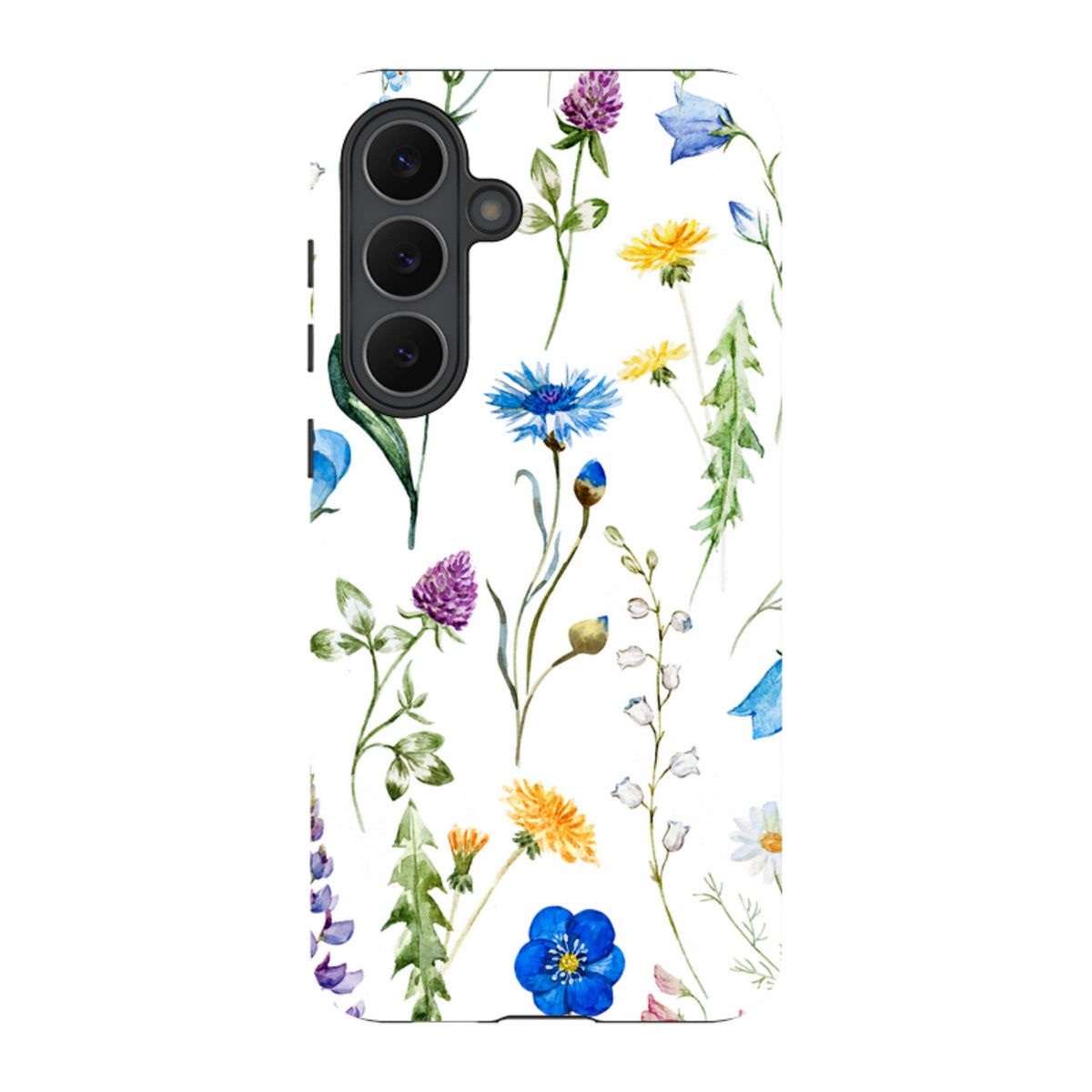 Samsung Tough Case featuring a white background with colorful watercolor wildflowers and a durable dual-layer design.