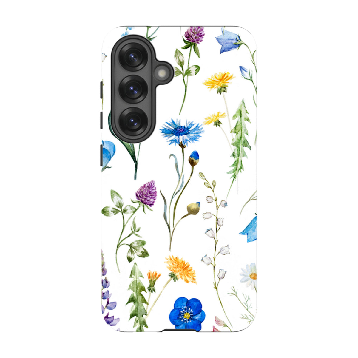 Samsung Tough Case with a white background featuring a colorful watercolor wildflower print and a triple-lens camera cutout.
