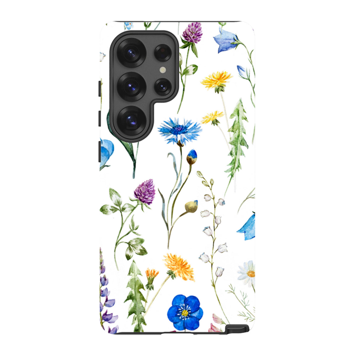 Samsung Tough Case featuring a white background with colorful watercolor wildflower illustrations and a black camera cutout.