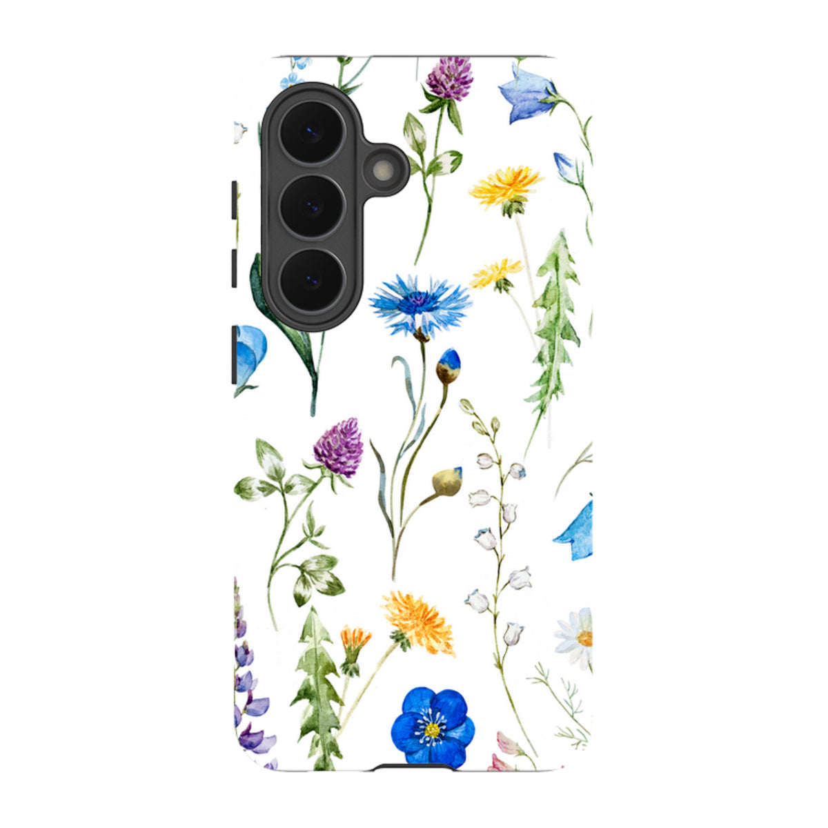 Samsung Tough Case with a white background featuring colorful watercolor wildflowers and a durable dual-layer design.
