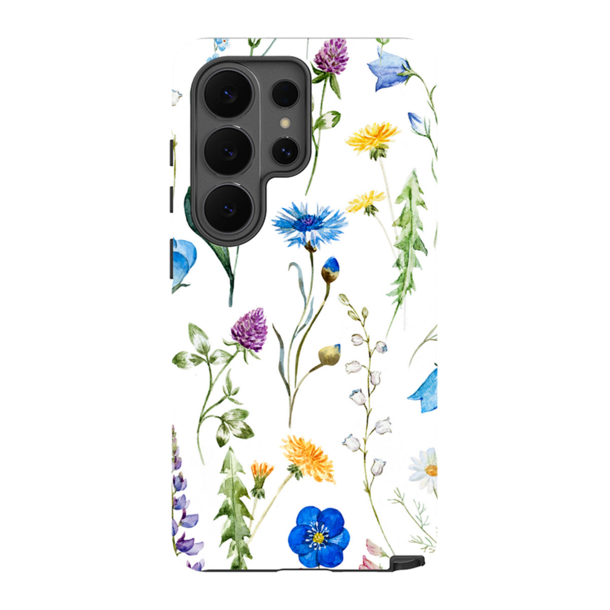 Samsung Tough Case featuring a vibrant watercolor wildflower pattern on a white background with dual-layer protection.