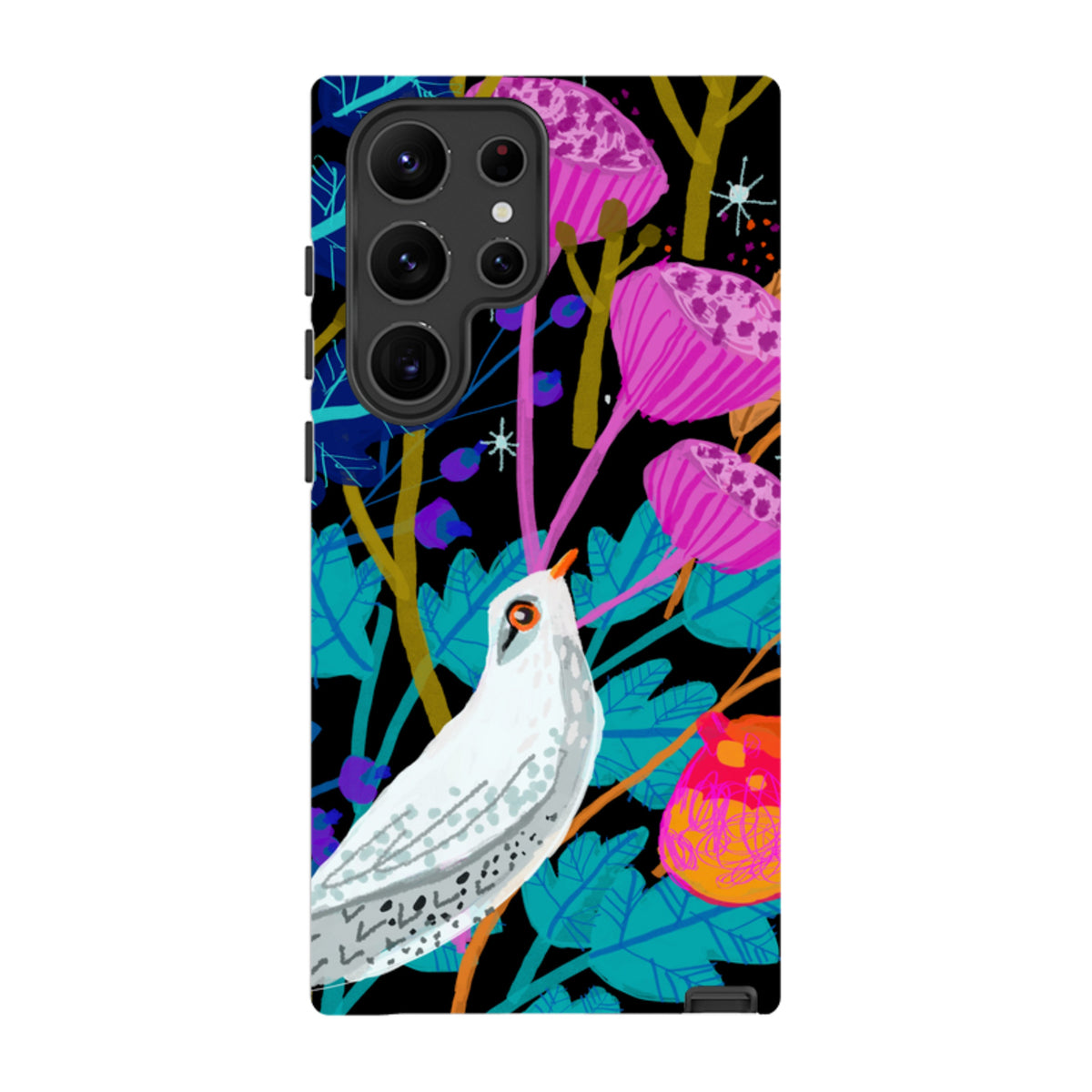Samsung Galaxy tough case featuring Claire West's white bird art with vibrant pink flowers and blue leaves on black.