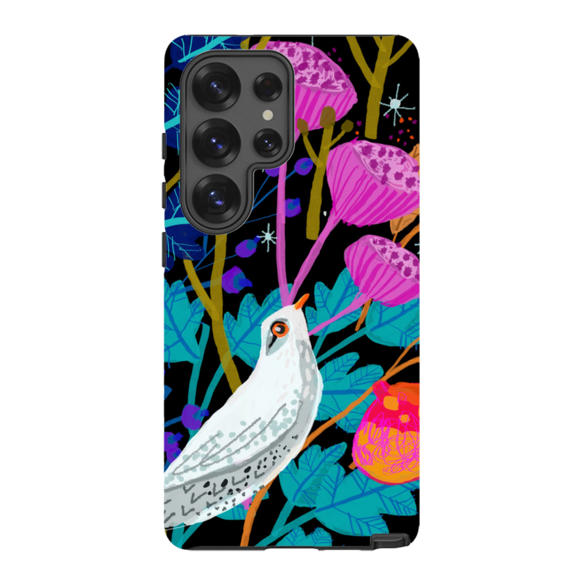 Samsung Galaxy tough case featuring Claire West's white bird art with vibrant pink and blue floral patterns on black.
