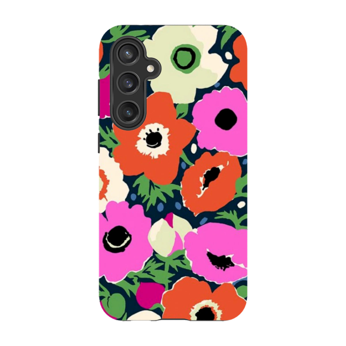 Samsung Tough Case featuring a vibrant Windflowers floral print in red, pink, and cream on a dark blue background.