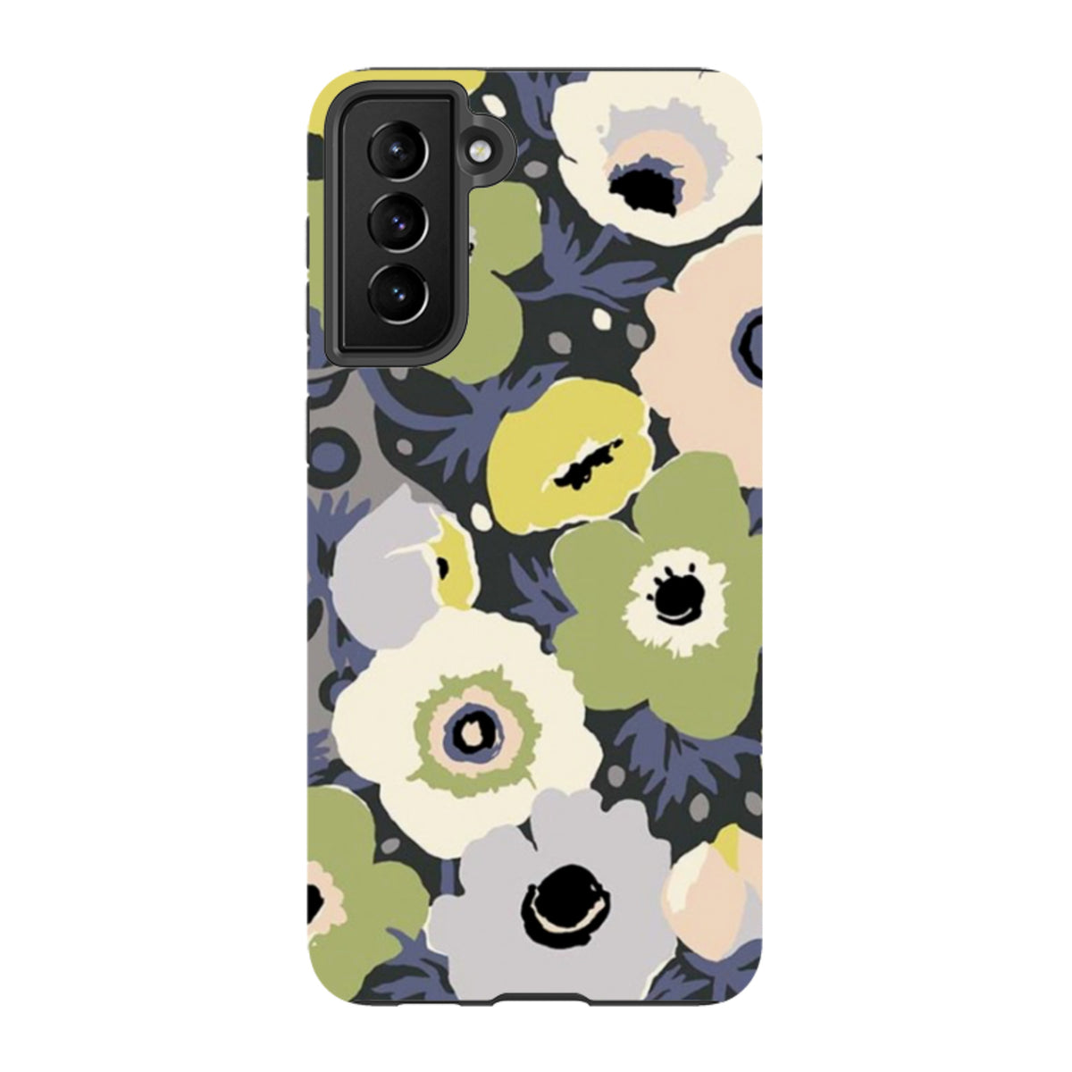 Samsung Tough Case featuring Sarah Campbell’s Windflowers Urbane floral print in green, cream, and grey on a black background.