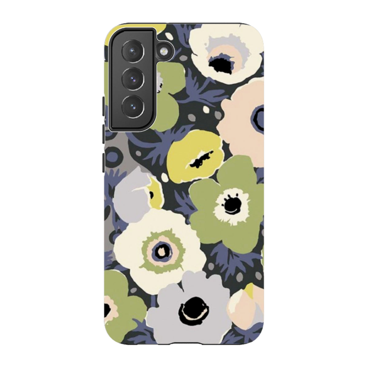 Samsung Tough Case featuring Sarah Campbell’s Windflowers Urbane floral art in muted green, cream, and dark gray tones.