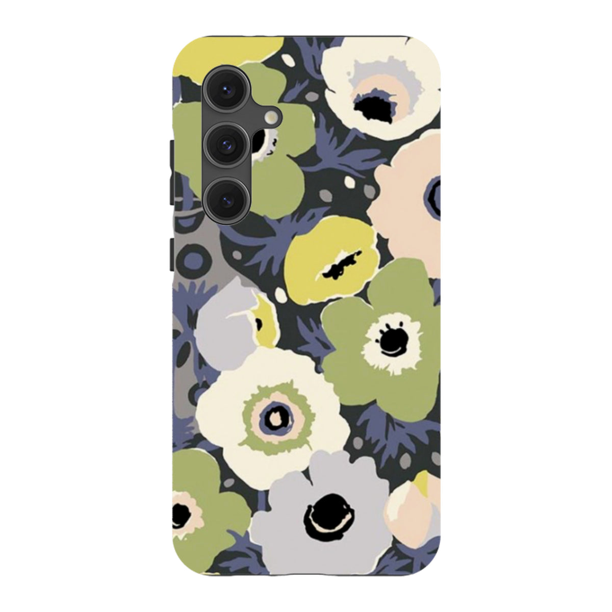 Samsung Tough Case featuring a Sarah Campbell Windflowers floral print in green, cream, and grey on a dual-layer shell.