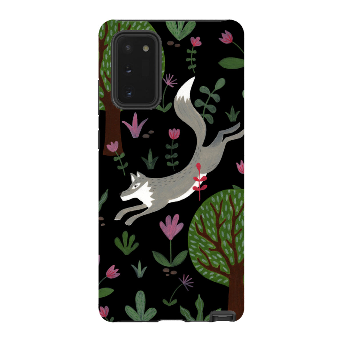 Samsung Tough Case featuring a grey wolf leaping through trees and flowers on a black background.