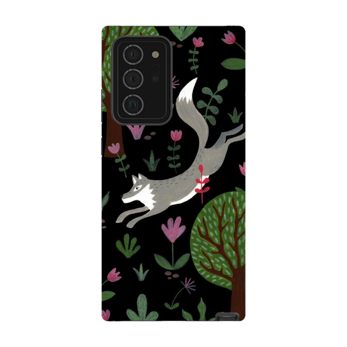 Samsung Tough Case featuring a grey wolf leaping through trees and pink flowers on a black background.