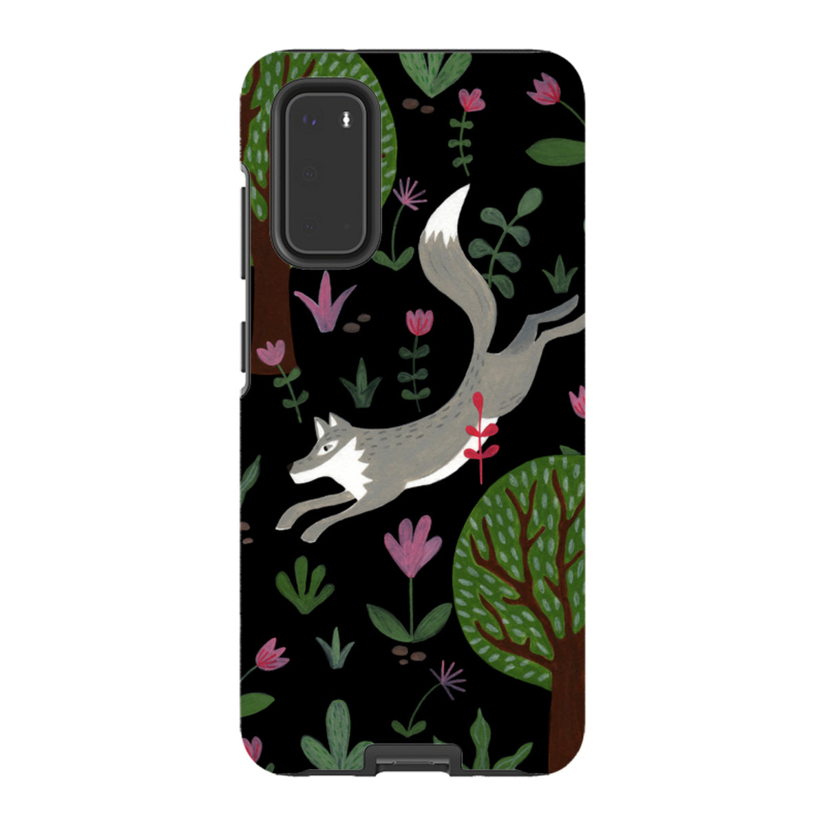 Samsung Tough Case featuring a leaping grey wolf, trees, and pink flowers on a black background with dual-layer protection.
