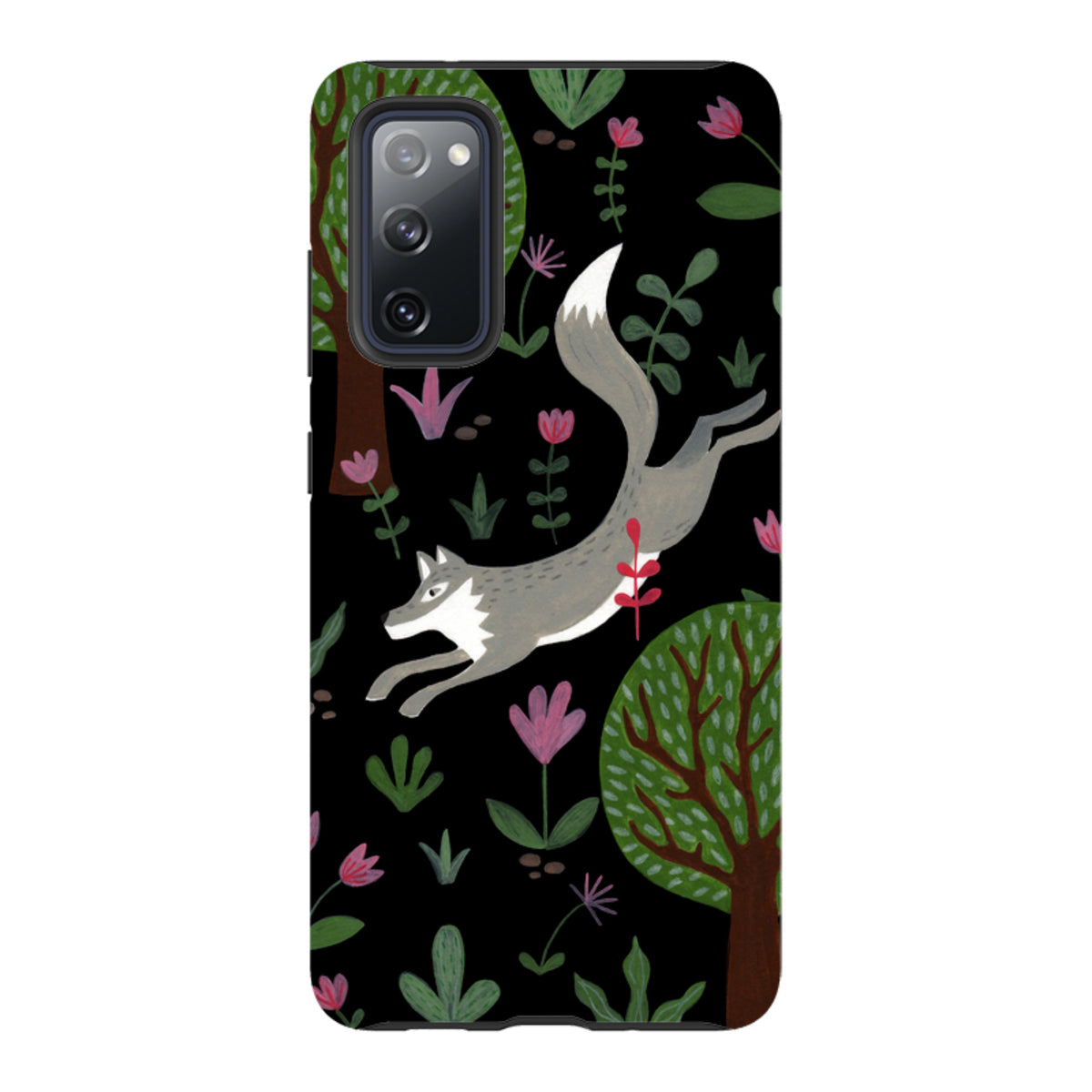 Samsung Galaxy tough case featuring a grey wolf leaping through stylized trees and pink flowers on a black background.