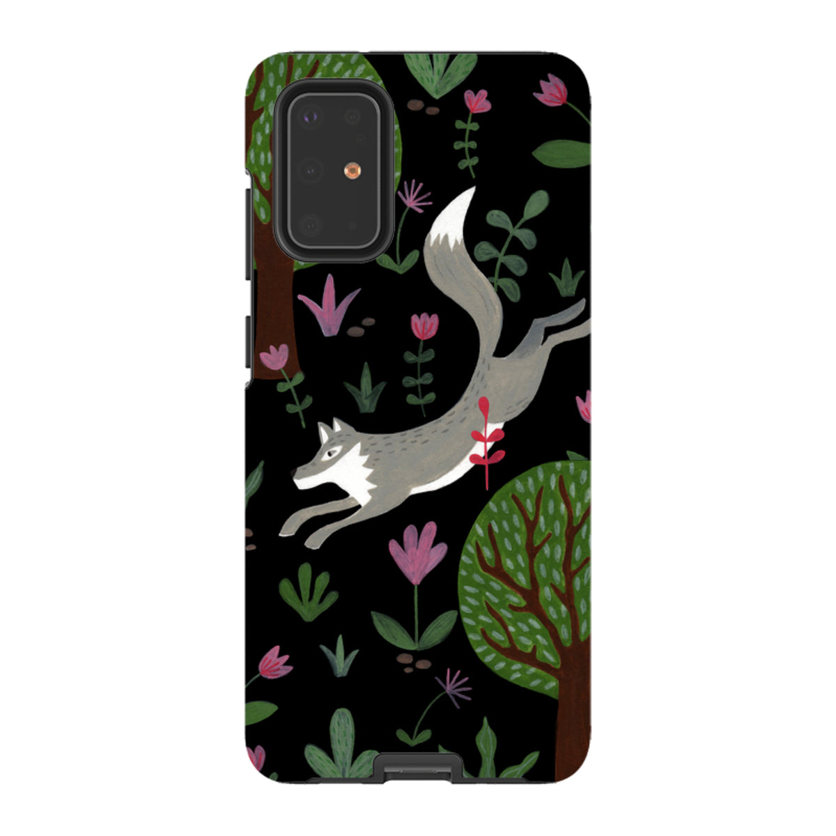 Samsung Tough Case featuring a leaping wolf, trees, and colorful flowers on a black background with dual-layer protection.