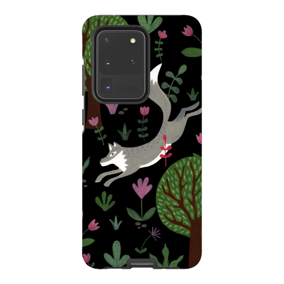 Samsung Tough Case featuring a leaping wolf, trees, and flowers on a black background with dual-layer protection.
