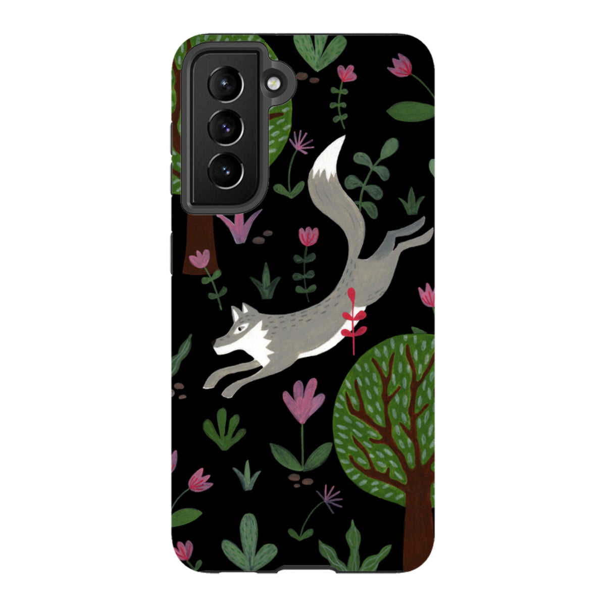 Samsung Tough Case featuring a leaping grey wolf, trees, and pink flowers on a black background with camera cutouts.