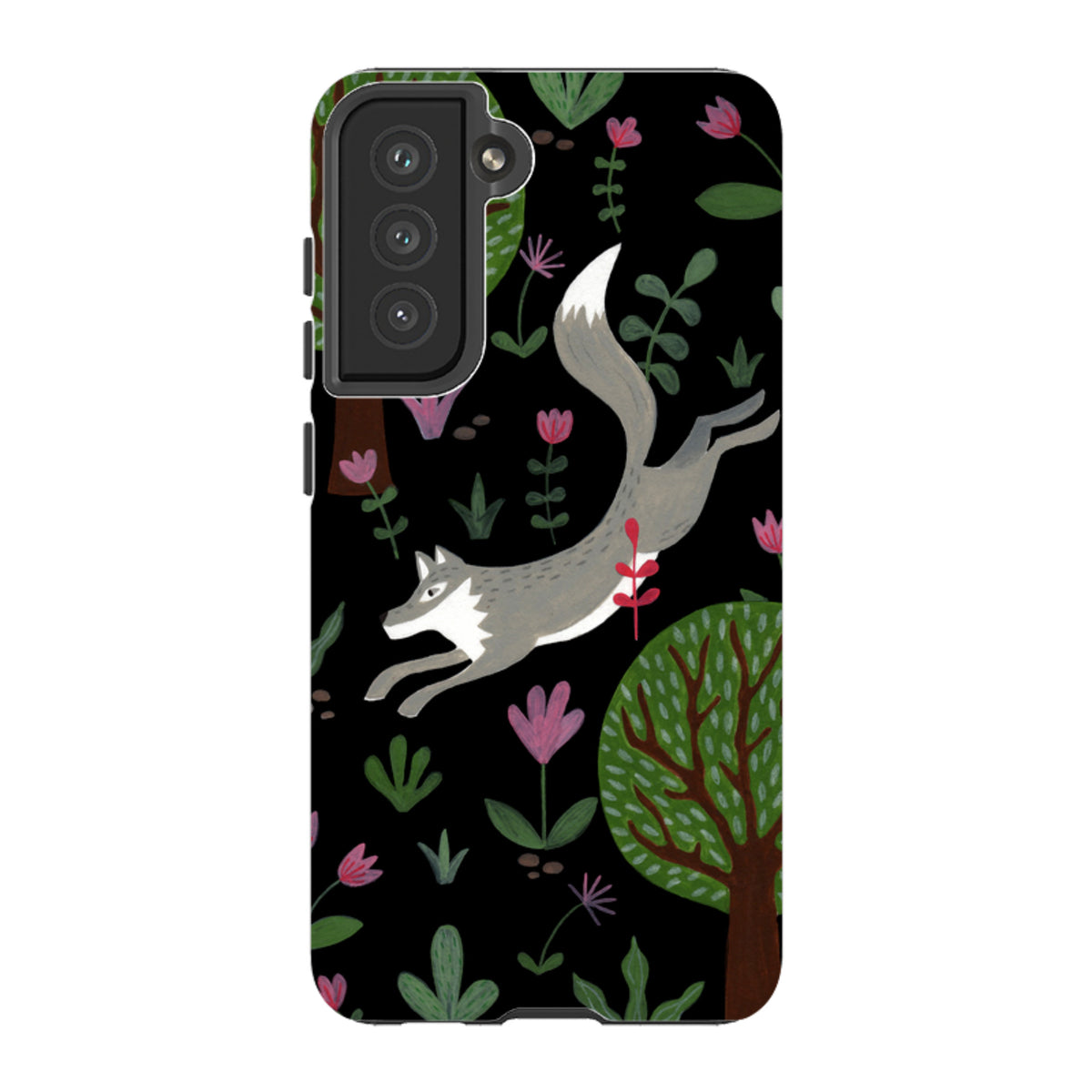 Samsung Tough Case featuring a leaping grey wolf, trees, and colorful flowers on a black background for Galaxy phones.