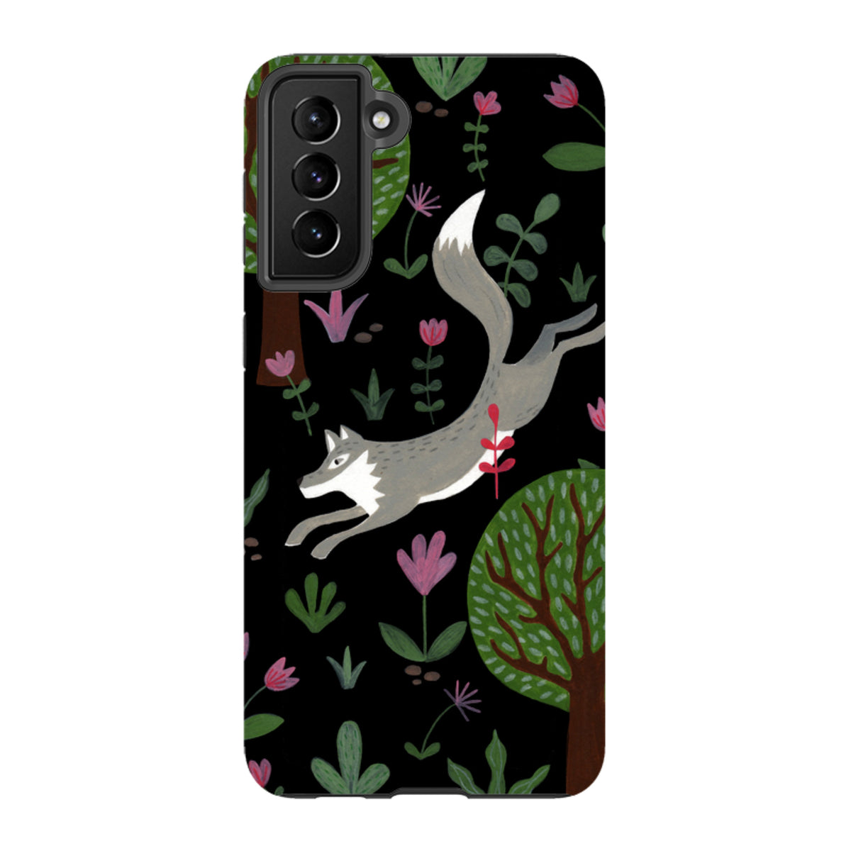 Samsung Tough Case featuring a leaping grey wolf, trees, and pink flowers on a black background for Galaxy phones.
