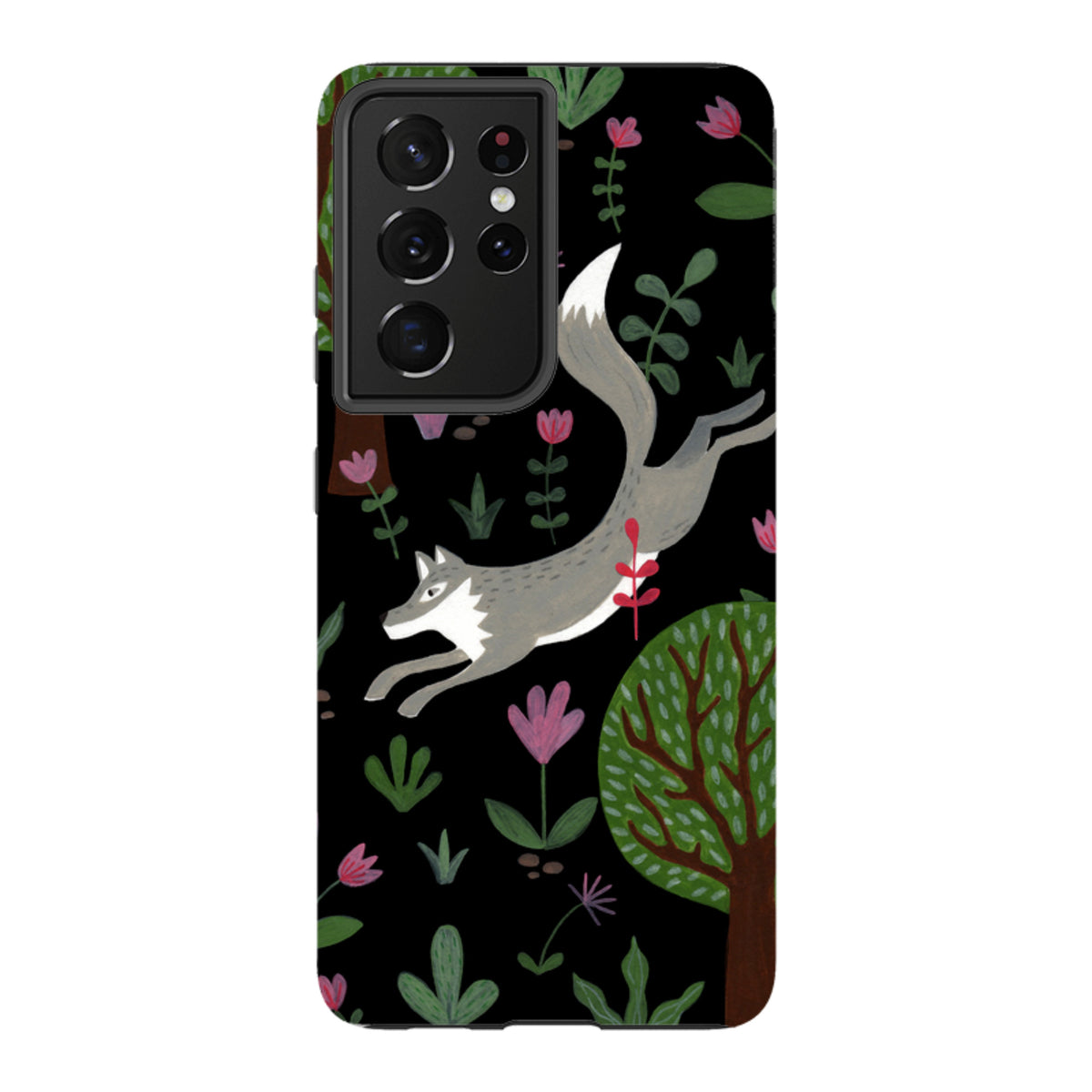 Samsung Galaxy tough case featuring a leaping wolf, trees, and pink flowers on a black background.