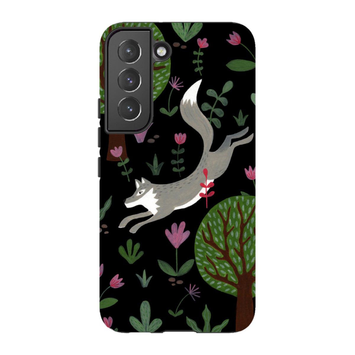 Samsung Tough Case featuring a leaping grey wolf, trees, and pink flowers on a black background for Galaxy phones.