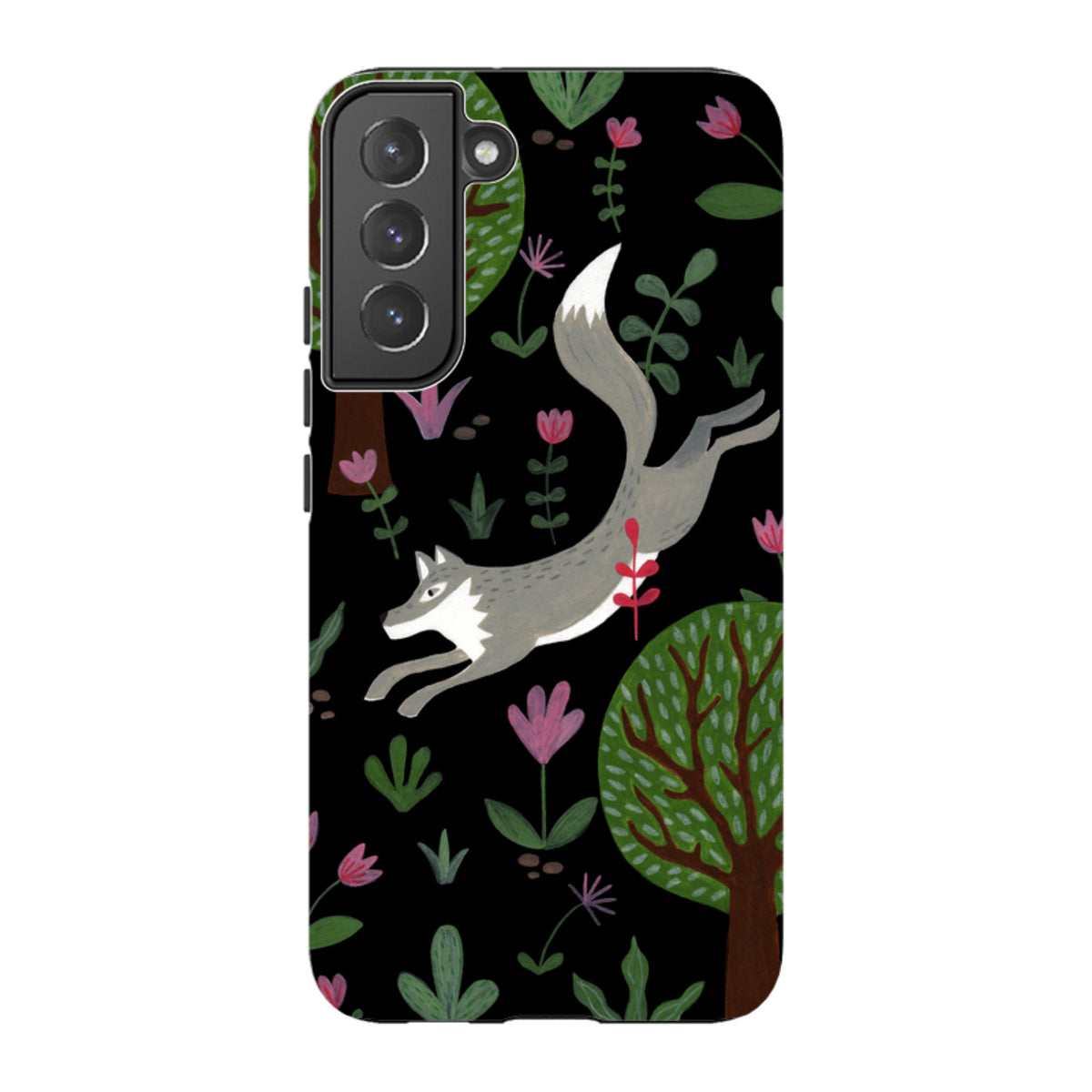 Samsung Galaxy tough case featuring a leaping grey wolf, stylized trees, and colorful flowers on a black background.