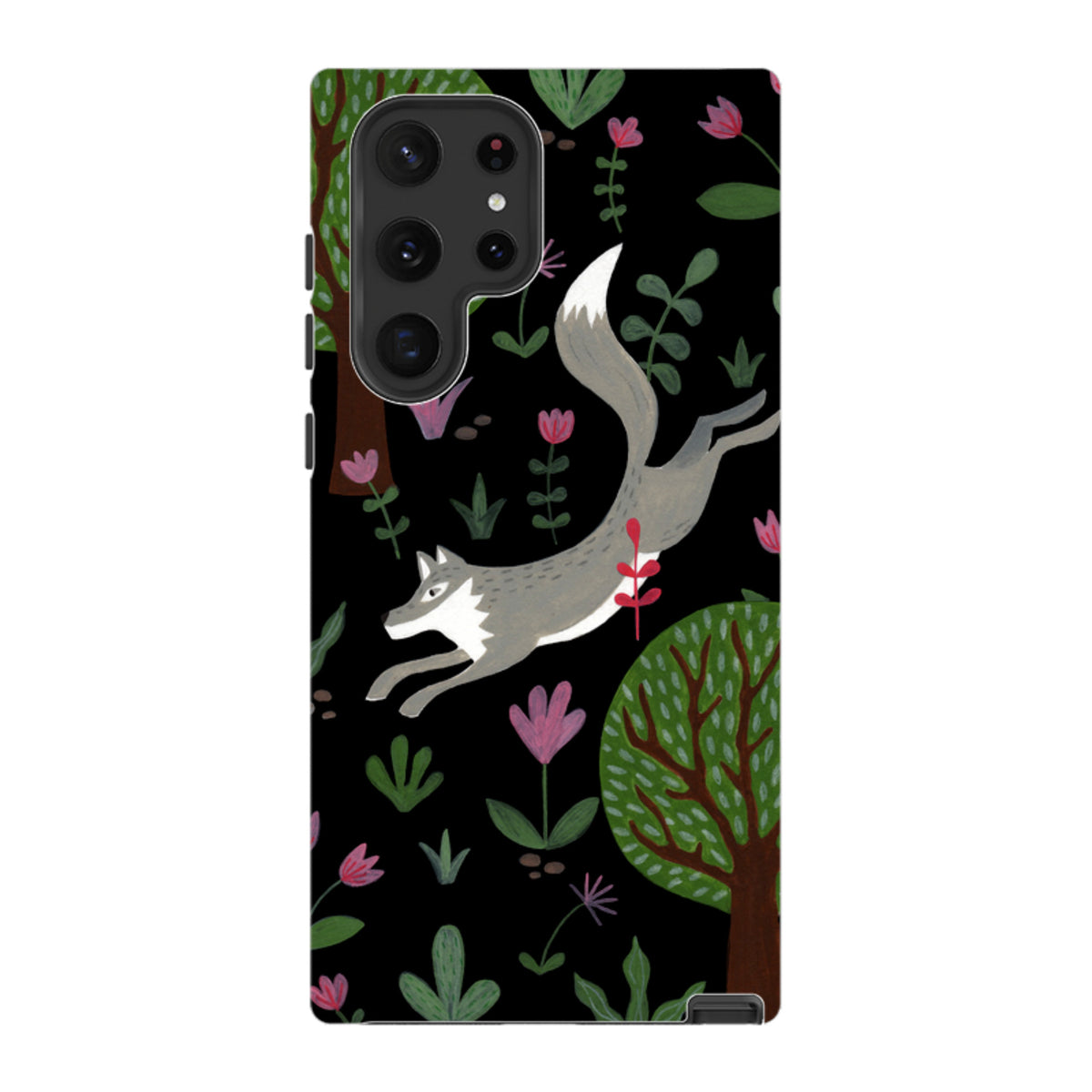 Samsung Galaxy tough case featuring a leaping wolf, trees, and pink flowers on a black background with dual-layer protection.