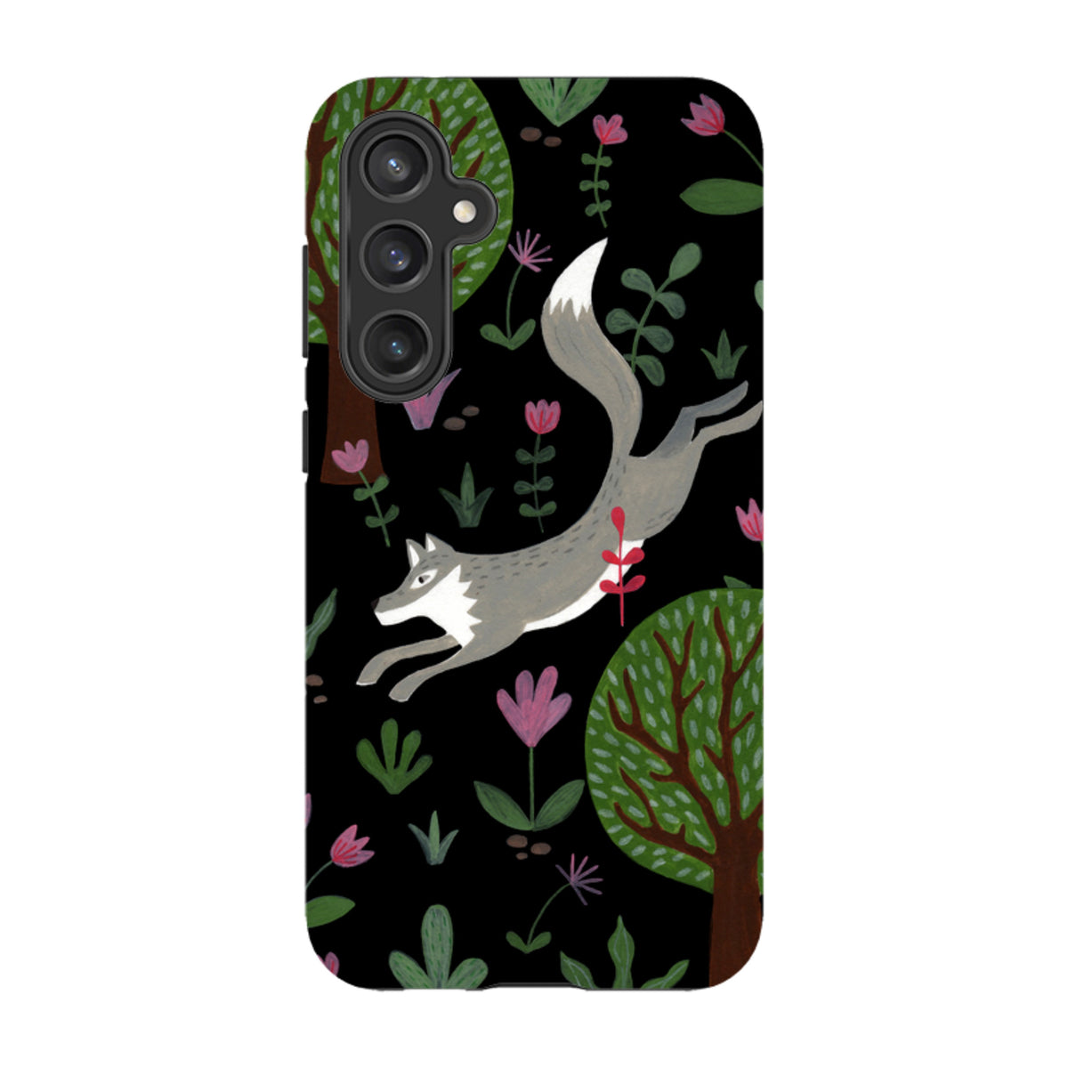 Samsung Tough Case featuring a leaping grey wolf, trees, and colorful flowers on a black background.