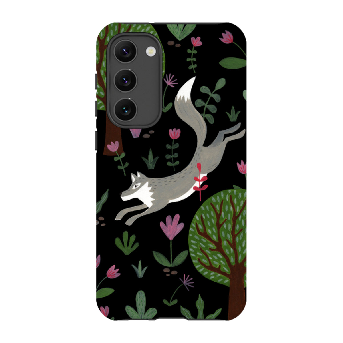 Samsung tough phone case featuring a leaping grey wolf, trees, and pink flowers on a black background.