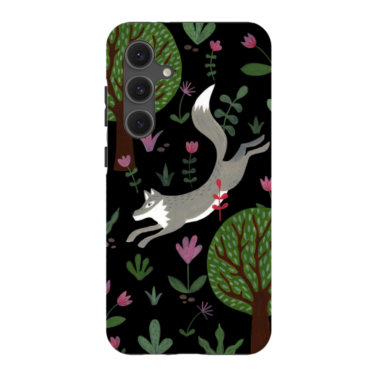 Samsung Galaxy tough case featuring a leaping grey wolf, green trees, and pink flowers on a black background.