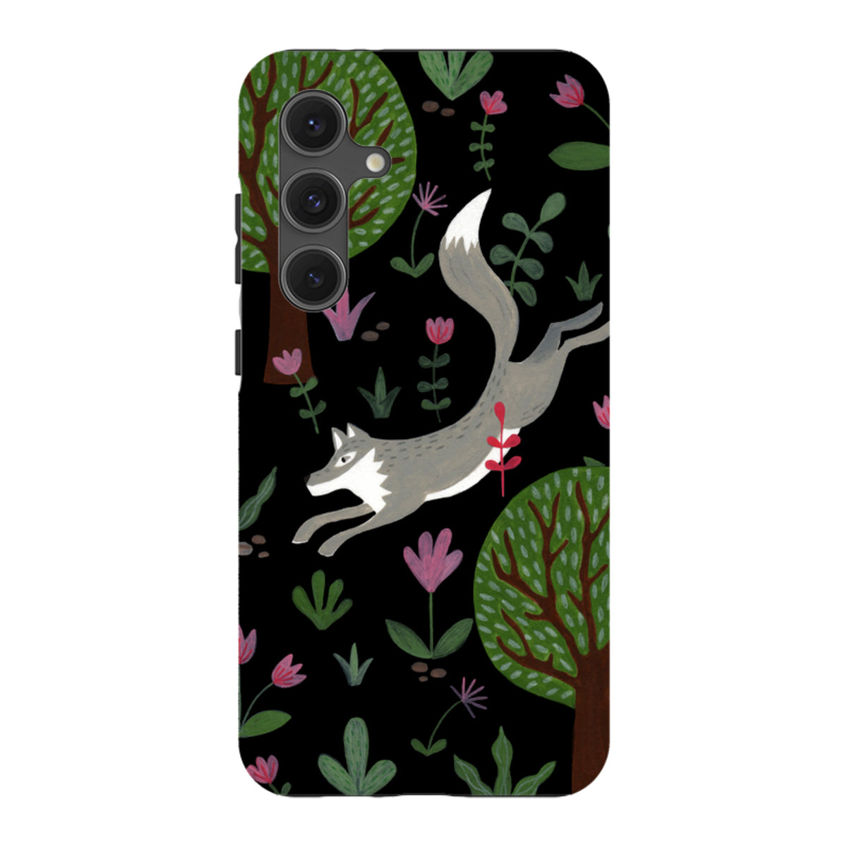 Samsung Tough Case featuring a leaping grey wolf, green trees, and pink flowers on a black background for Galaxy phones.