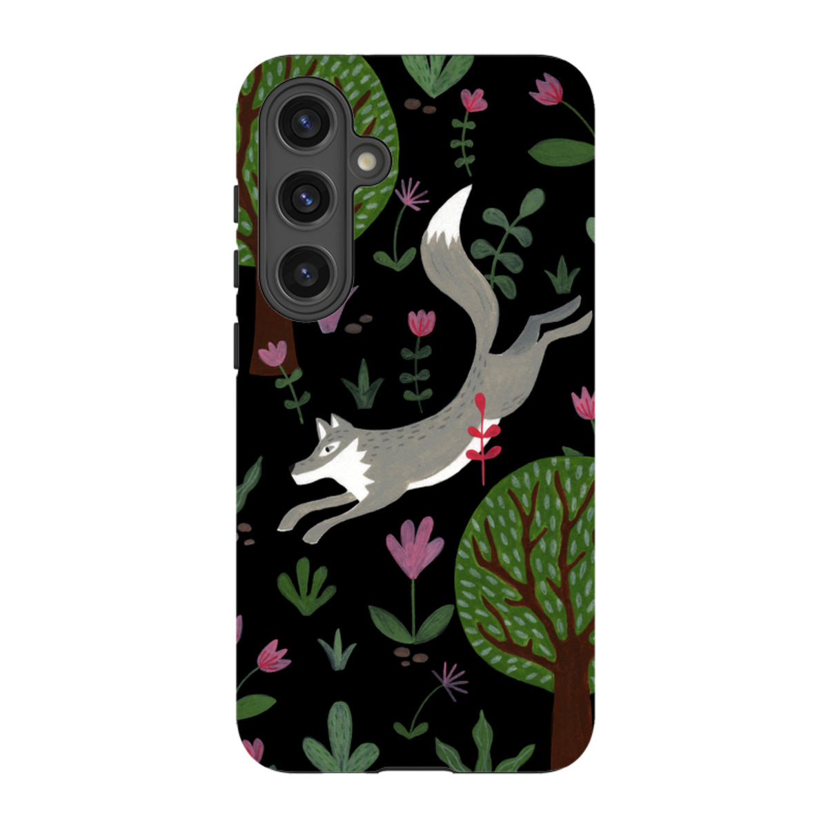 Samsung Tough Case featuring a leaping wolf, trees, and flowers on a black background with a dual-layer protective design.