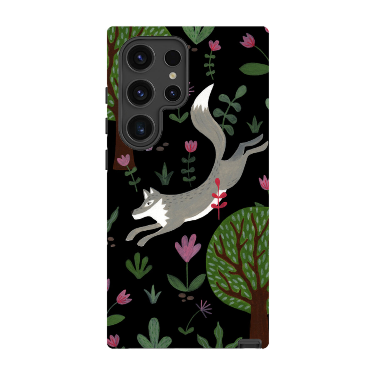 Samsung Galaxy tough case featuring a leaping wolf, trees, and floral art on a black background with dual-layer protection.