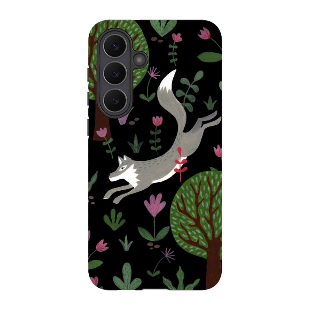 Samsung Galaxy tough case featuring a leaping wolf, trees, and pink flowers on a black background.