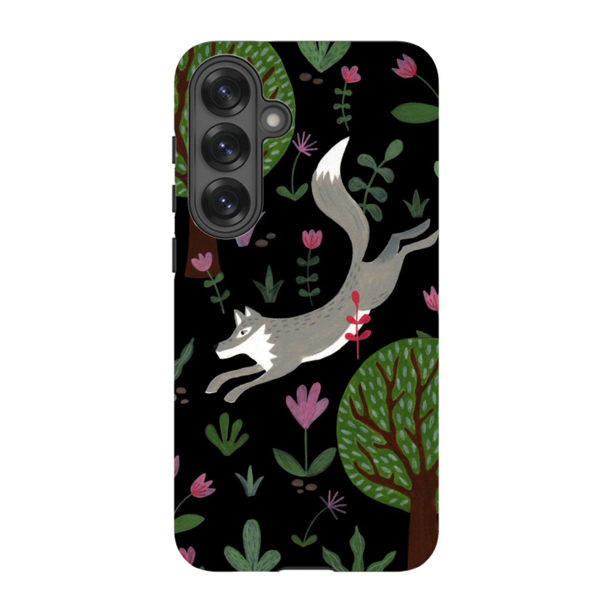 Samsung Tough Case featuring a grey wolf leaping through stylized trees and pink flowers on a black background.