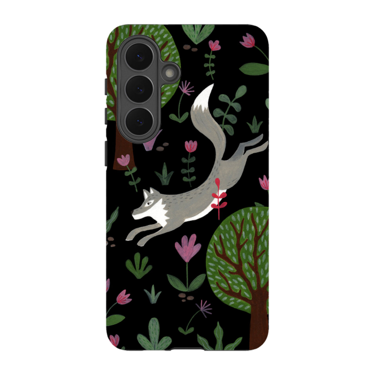 Samsung Tough Case featuring a grey wolf leaping through trees and flowers on a black background.