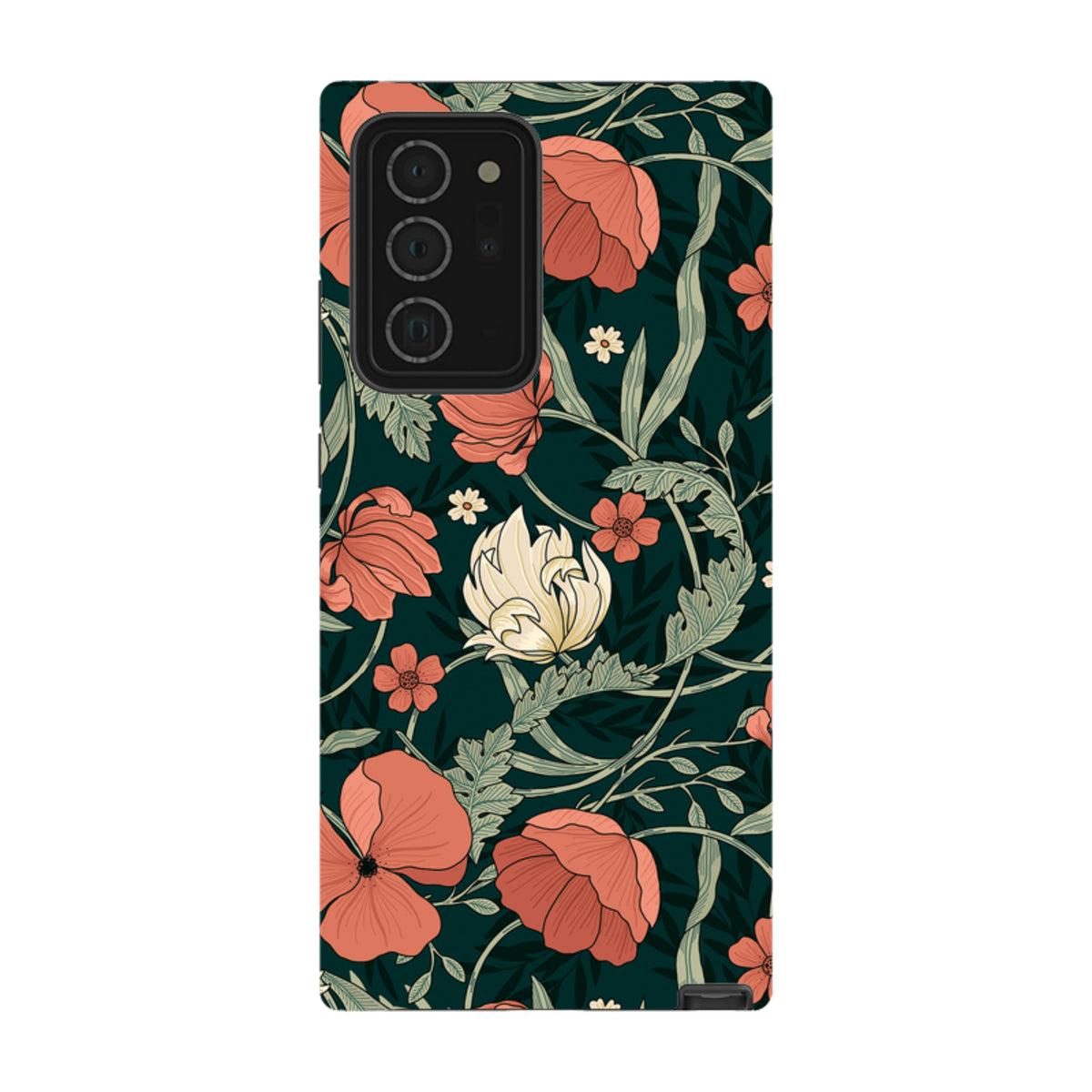 Samsung Tough Case in Woodcroft floral print with coral poppies and white flowers on a dark green background.
