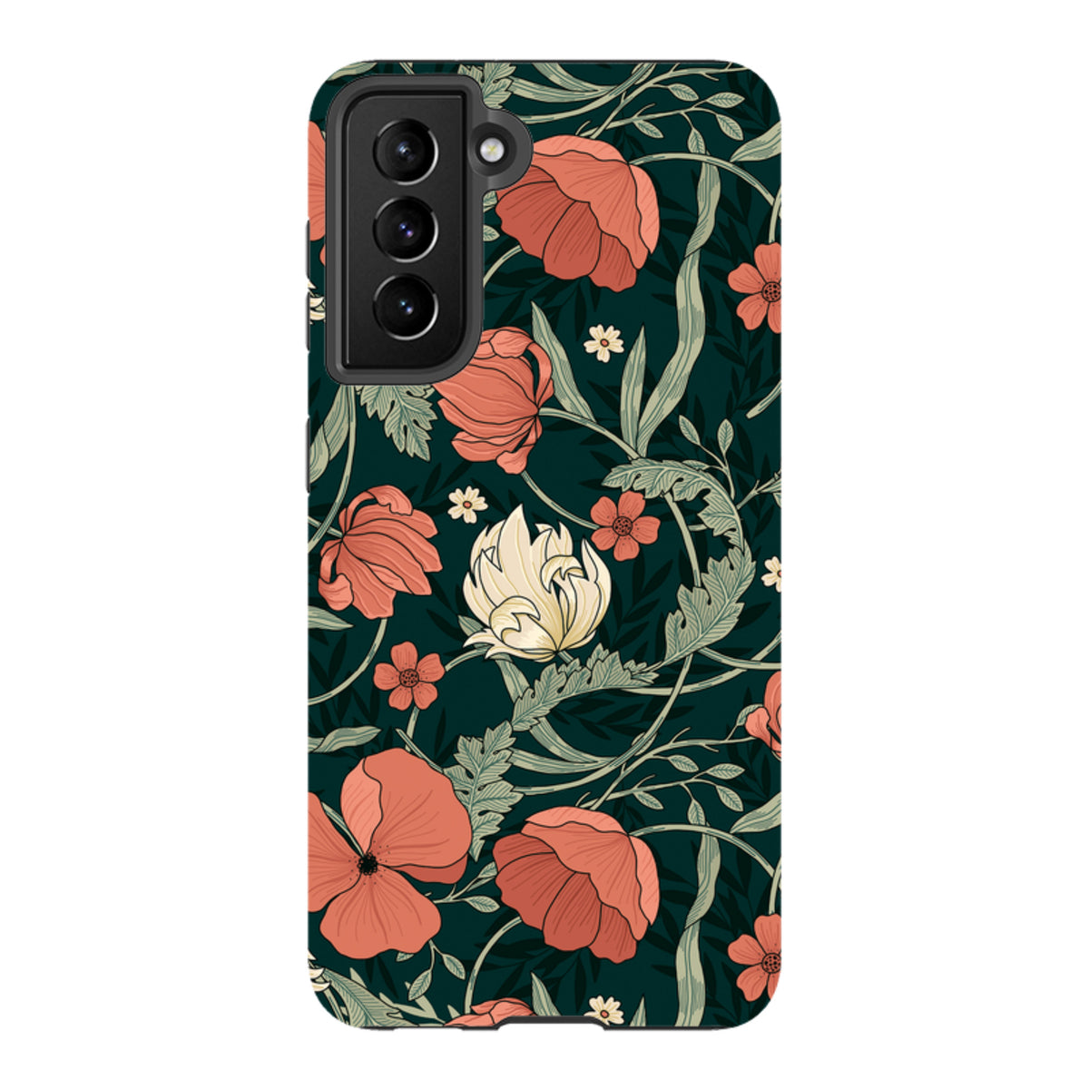 Samsung Tough Case in Woodcroft floral print with red poppies and green foliage on a dark background for Galaxy phones.