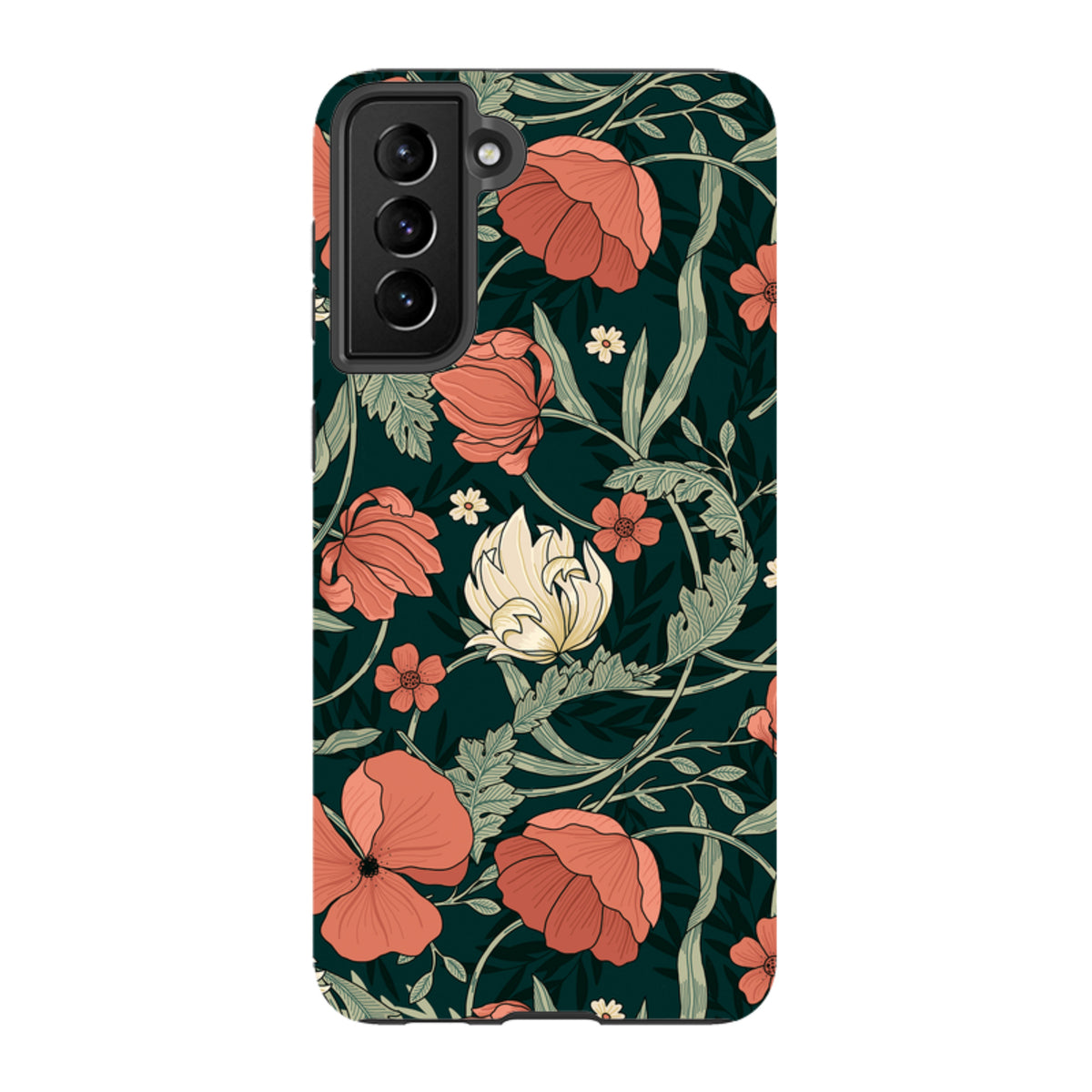 Samsung Tough Case in Woodcroft floral print with red and white flowers on a dark green background.
