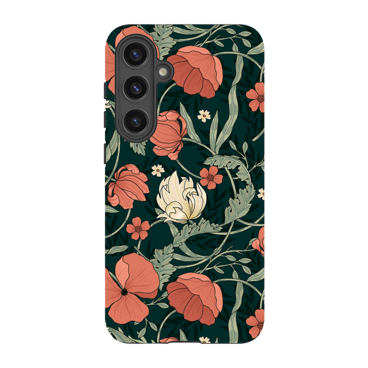 Samsung Tough Case featuring a dark green floral pattern with coral poppies and white accents on a protective dual-layer shell.