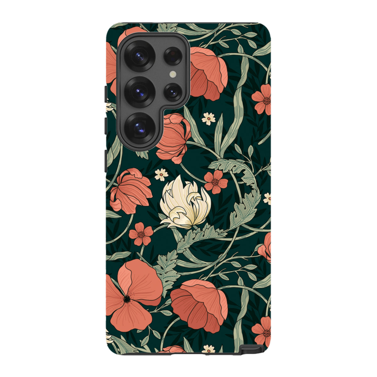 Samsung Tough Case in Woodcroft floral print with red poppies and cream flowers on a dark green background.