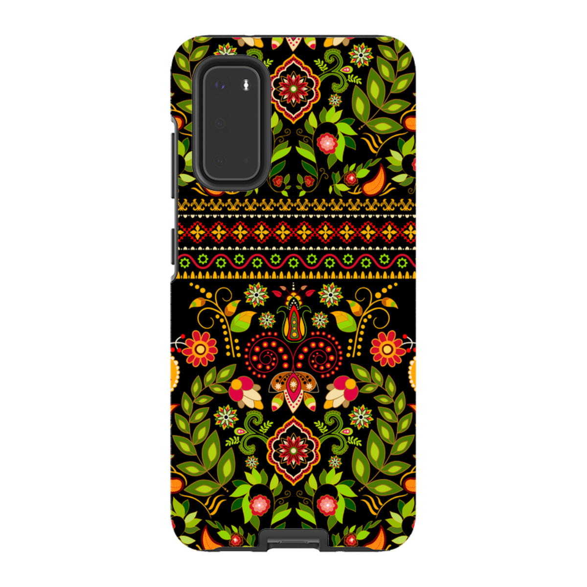 Samsung Tough Case featuring a vibrant, colorful floral folk art pattern on a black background with dual-layer protection.