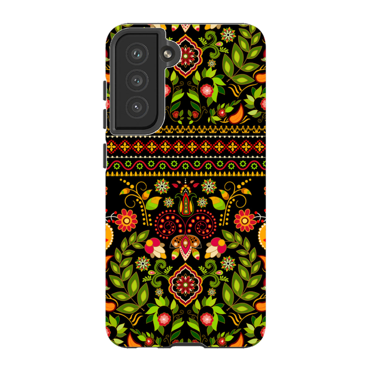 Samsung Tough Case featuring a vibrant, colorful floral and geometric pattern on a black background for Galaxy phones.