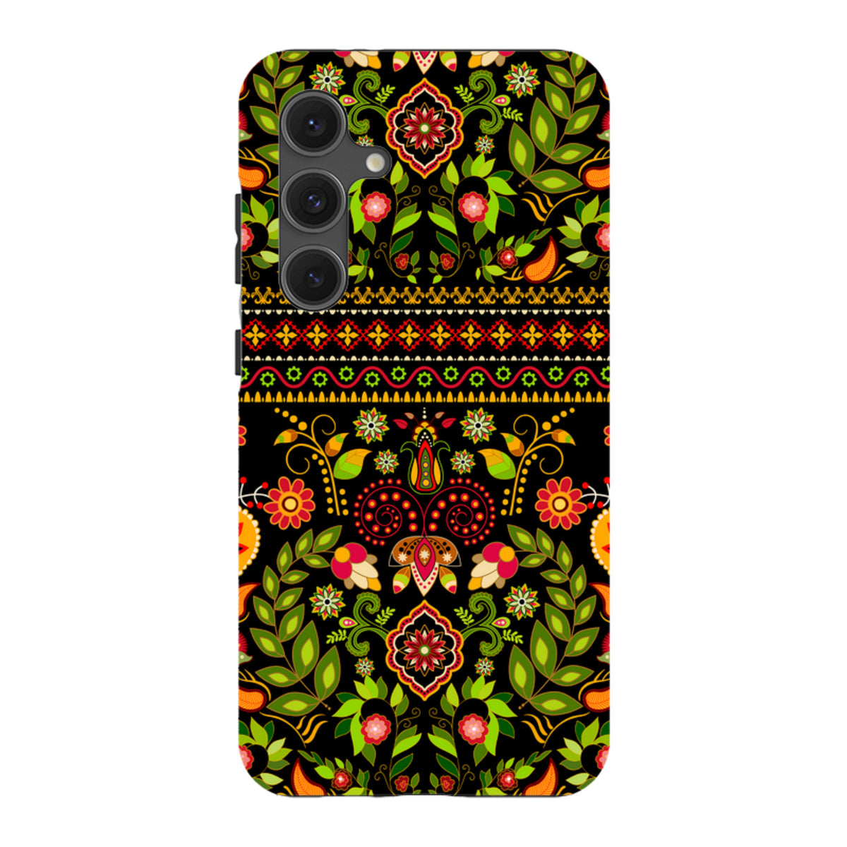 Samsung Tough Case featuring a vibrant, colorful floral and geometric folk art pattern on a black background.
